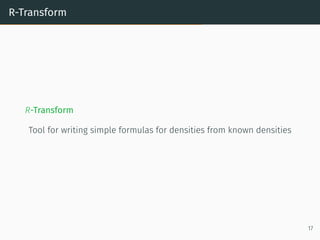 Sample covariance matrices
Set-up
• Covariance matrix, C, (symmetric, positive semi-definite matrix)
• Noise matrix, Z ∈ Rd×n
(mean 0, variance 1, i.i.d.)
• n1/δ
≤ d ≤ nδ
for some δ  0
• X = C1/2
Z; Form
XXT
n
• ∥C∥2 ≤ constant, independent of n
Theorem (Bai, Krishnaiah, Silverstein, Yin, ’80s-’90s)
Stieltjes of XXT
n = tr

Id − zXXT
n
−1
≈ n
d
e
m(z) +
1− d
n
d
n z
where e
m(z) = −z + 1
n tr[C(Id − e
m(z)C)−1
]
−1
✓ e
m(z) ≈ Stieltjes transform XT
X
n
✓ implicit eqn, solved numerically
13
 