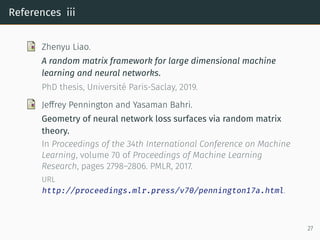 Calculus for spectral densities
Theorem
If A and B are asymptotically free,
RµA+B
= RµA⊞µB
= RµA
(s) + RµB
(s).
Remark
R-transform ⇔ Stieltjes transform ⇔ Spectral density
Example
RGOE + Wishart = Rsemicircle + RMP = s
|{z}
GOE
+
1
1 − sr
| {z }
Wishart
22
 
