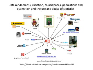 Data randomness, variation, coincidences, populations and
estimation and the use and abuse of statistics

www.linkedin.com/in/sureshsood

http://www.slideshare.net/ssood/randomness-28944785

 