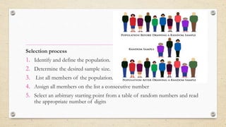 Selection process
1. Identify and define the population.
2. Determine the desired sample size.
3. List all members of the population.
4. Assign all members on the list a consecutive number
5. Select an arbitrary starting point from a table of random numbers and read
the appropriate number of digits
 