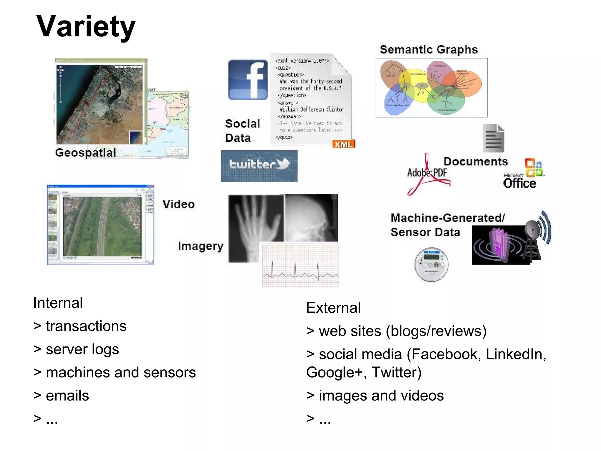 Challenges: collect, store, organize, analyze and share
External
> web sites (blogs/reviews)
> social media (Facebook, LinkedIn,
Google+, Twitter)
> images and videos
> ...
Internal
> transactions
> server logs
> machines and sensors
> emails
> ...
Variety
 
