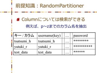 前提知識：RandomPartitioner

   Columnについては検索ができる
     例えば、p～zまでのカラム名を抽出

キー / カラム     username(key)   …   password
tsutsumi_h   tsutsumi_h      …   ********
yutuki_r     yutuki_r        …   **********
test_data    test_data       …   ******
 