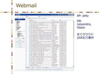 Webmail
          AP: jetty
          DB:
          cassandra,
          hbase

          全てクラウド
          (AWS)で動作
 