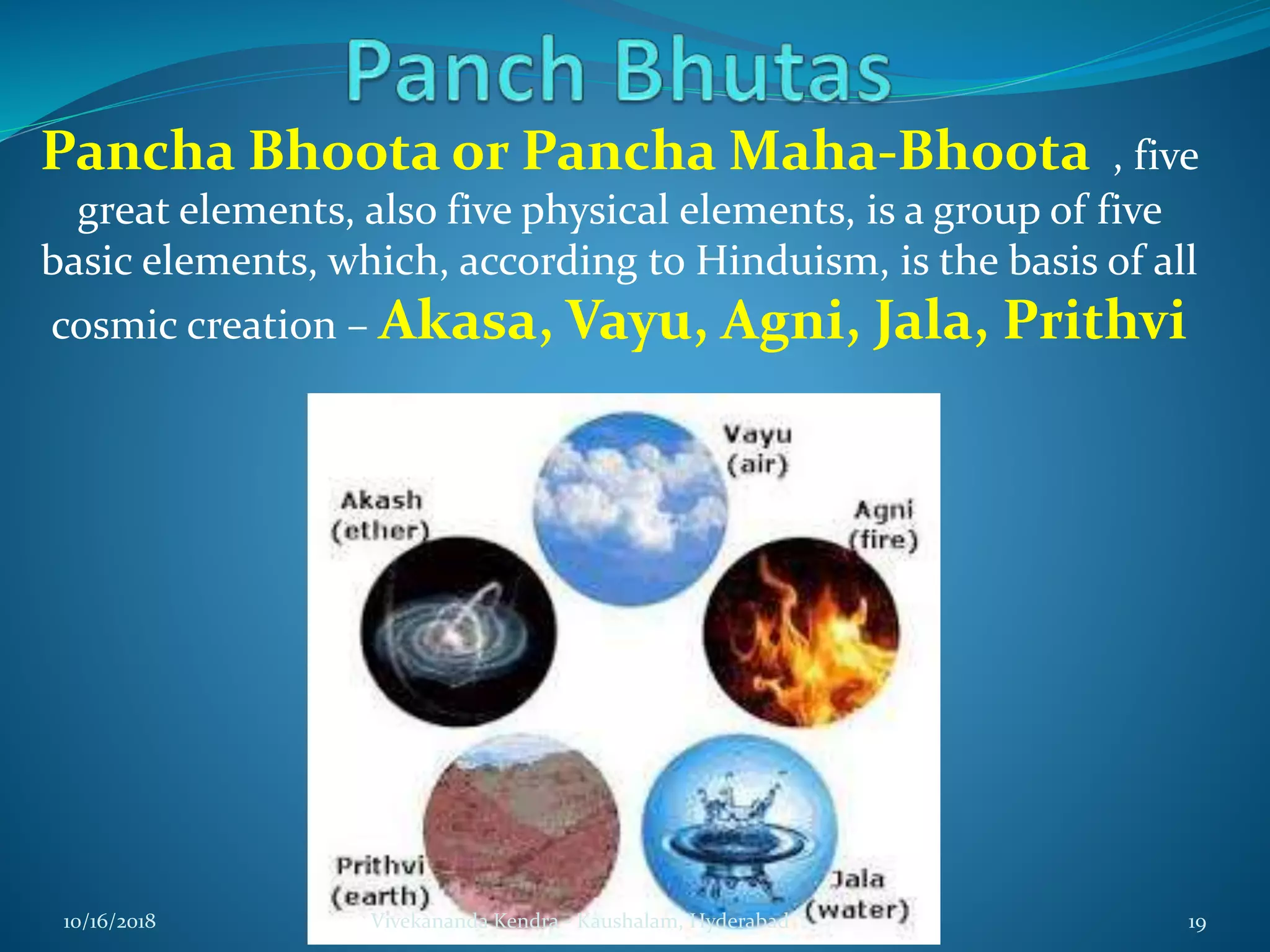 Pancha Bhoota or Pancha Maha-Bhoota , five
great elements, also five physical elements, is a group of five
basic elements, which, according to Hinduism, is the basis of all
cosmic creation – Akasa, Vayu, Agni, Jala, Prithvi
10/16/2018 Vivekananda Kendra - Kaushalam, Hyderabad 19
 