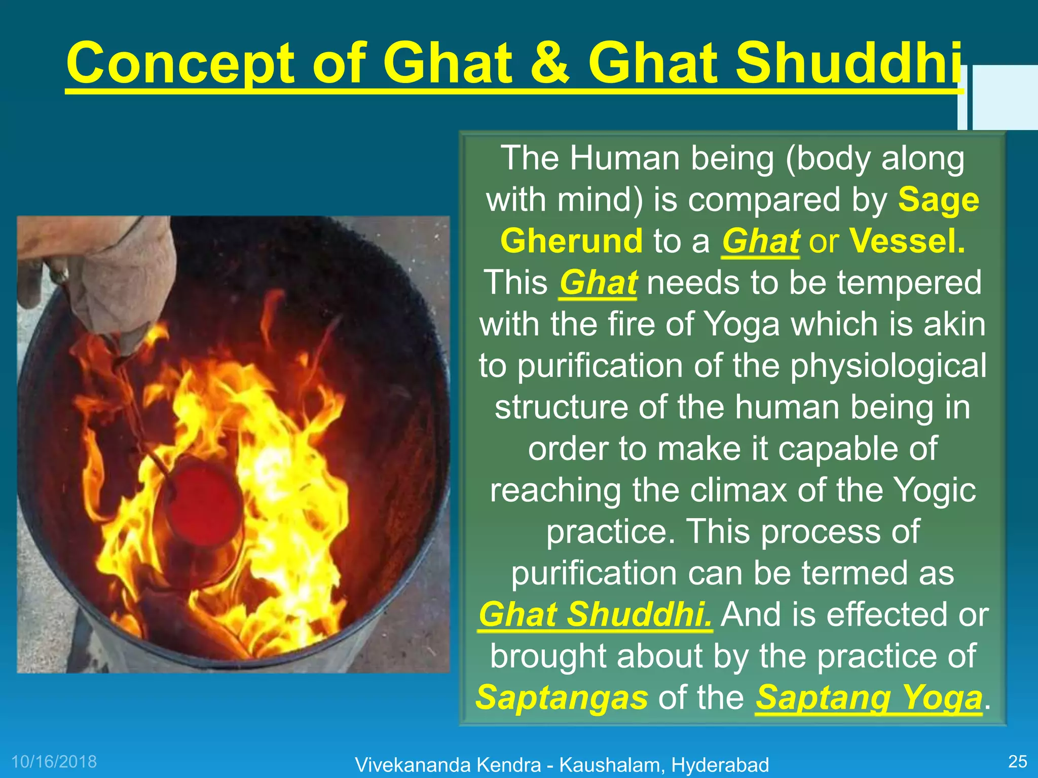 The Human being (body along
with mind) is compared by Sage
Gherund to a Ghat or Vessel.
This Ghat needs to be tempered
with the fire of Yoga which is akin
to purification of the physiological
structure of the human being in
order to make it capable of
reaching the climax of the Yogic
practice. This process of
purification can be termed as
Ghat Shuddhi. And is effected or
brought about by the practice of
Saptangas of the Saptang Yoga.
Vivekananda Kendra - Kaushalam, Hyderabad 25
Concept of Ghat & Ghat Shuddhi
 