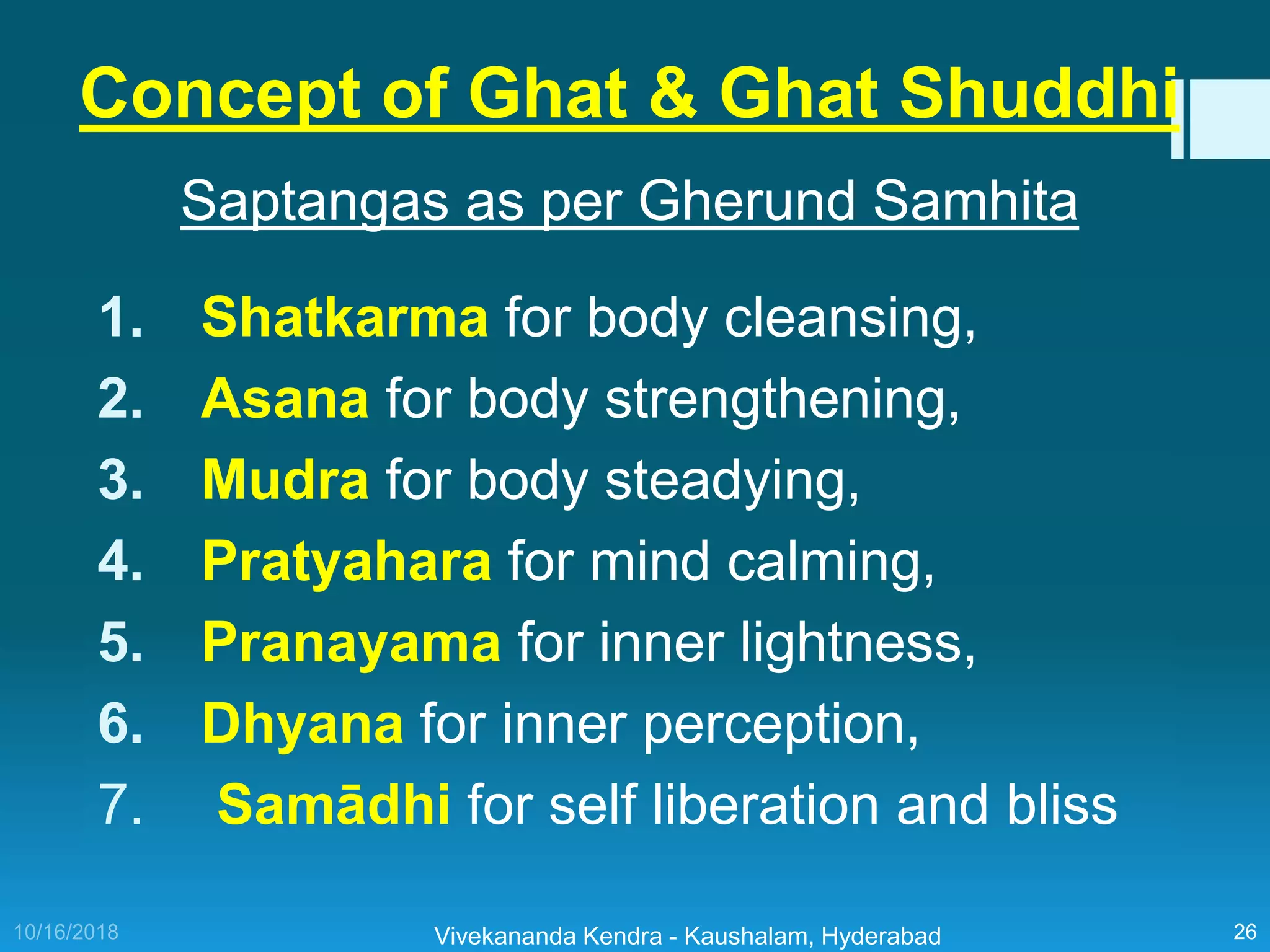 Vivekananda Kendra - Kaushalam, Hyderabad 26
Concept of Ghat & Ghat Shuddhi
1. Shatkarma for body cleansing,
2. Asana for body strengthening,
3. Mudra for body steadying,
4. Pratyahara for mind calming,
5. Pranayama for inner lightness,
6. Dhyana for inner perception,
7. Samādhi for self liberation and bliss
Saptangas as per Gherund Samhita
 