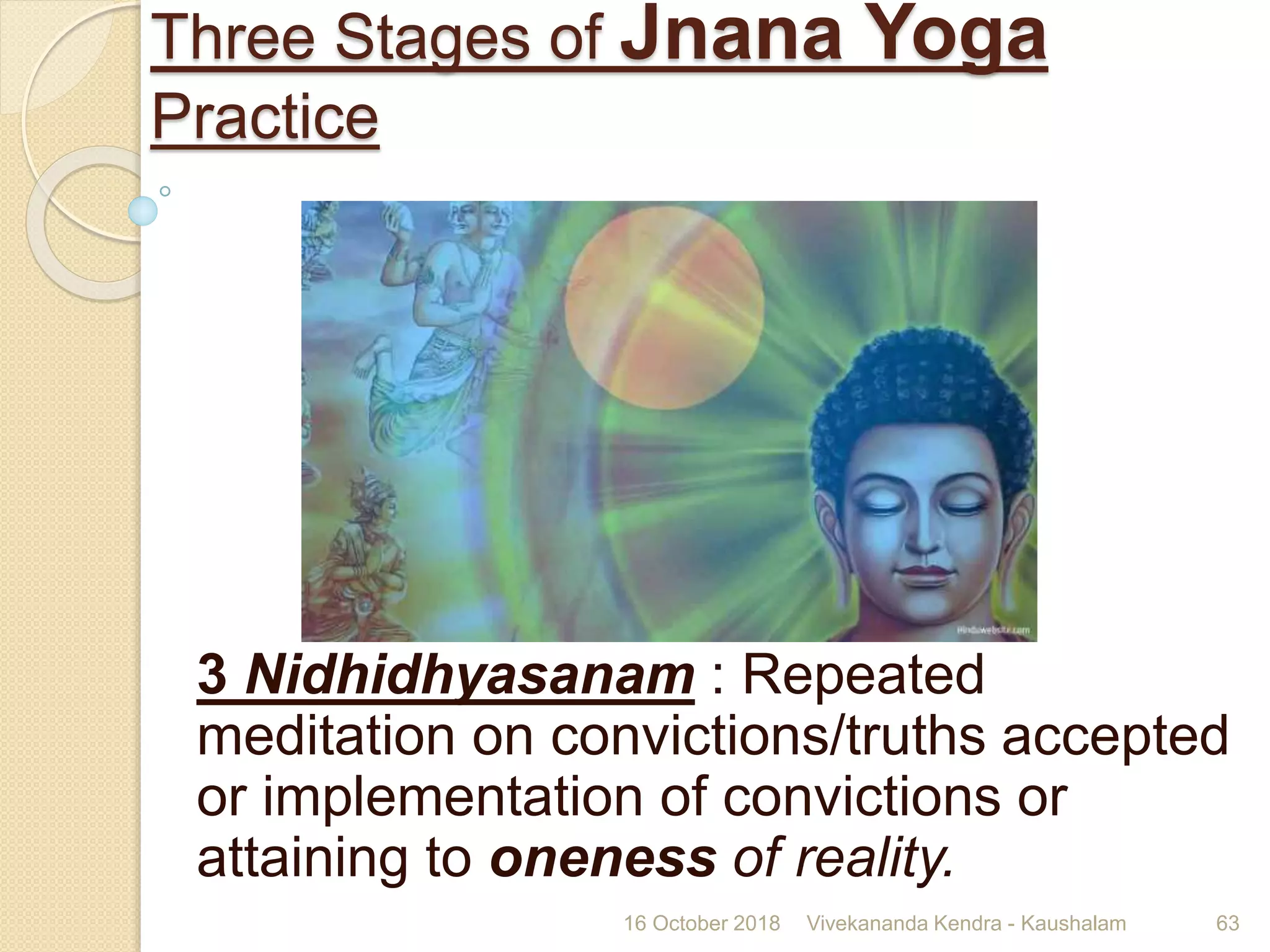 3 Nidhidhyasanam : Repeated
meditation on convictions/truths accepted
or implementation of convictions or
attaining to oneness of reality.
16 October 2018 Vivekananda Kendra - Kaushalam 63
Three Stages of Jnana Yoga
Practice
 