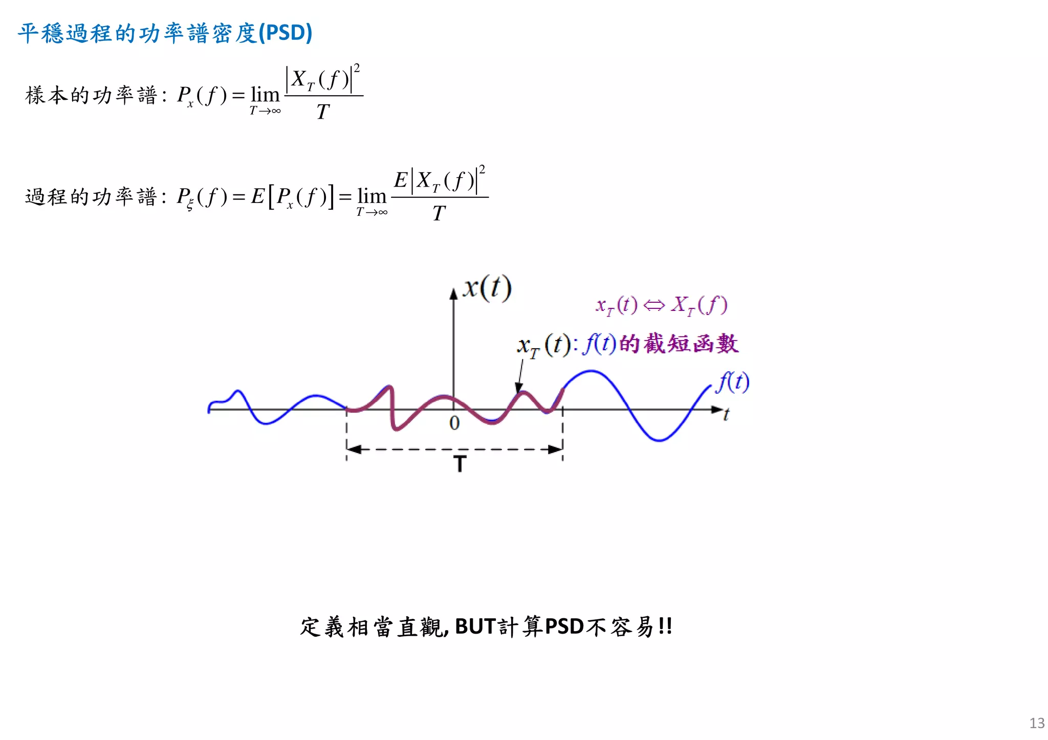 13
平穩過程平穩過程平穩過程平穩過程的功率的功率的功率的功率譜譜譜譜密度密度密度密度(PSD)
[ ]
2
2
( )
: ( ) lim
( )
: ( ) ( ) lim
T
x
T
T
x
T
X f
P f
T
E X f
P f E P f
T
ξ
→∞
→∞
=
= =
樣本的功率譜
過程的功率譜
定義相當定義相當定義相當定義相當直觀直觀直觀直觀, BUT計算計算計算計算PSD不容易不容易不容易不容易!!
 