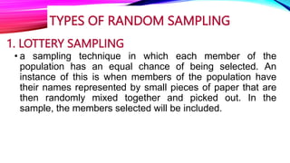 Random Sampling Means RANDOM SAMPLING, PARAMETER AND STATISTICS, SAMPLING DISTRIBUTION OF ...
