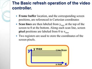 The Basic refresh operation of the video
controller.
 Frame buffer location, and the corresponding screen
positions, are referenced in Cartesian coordinates
 Scan lines are then labeled from ymax at the top of the
screen to 0 at the bottom. Along each scan line, screen
pixel positions are labeled from 0 to xmax
 Two registers are used to store the coordinates of the
screen pixels.
x
y Line Scany max
x max
 