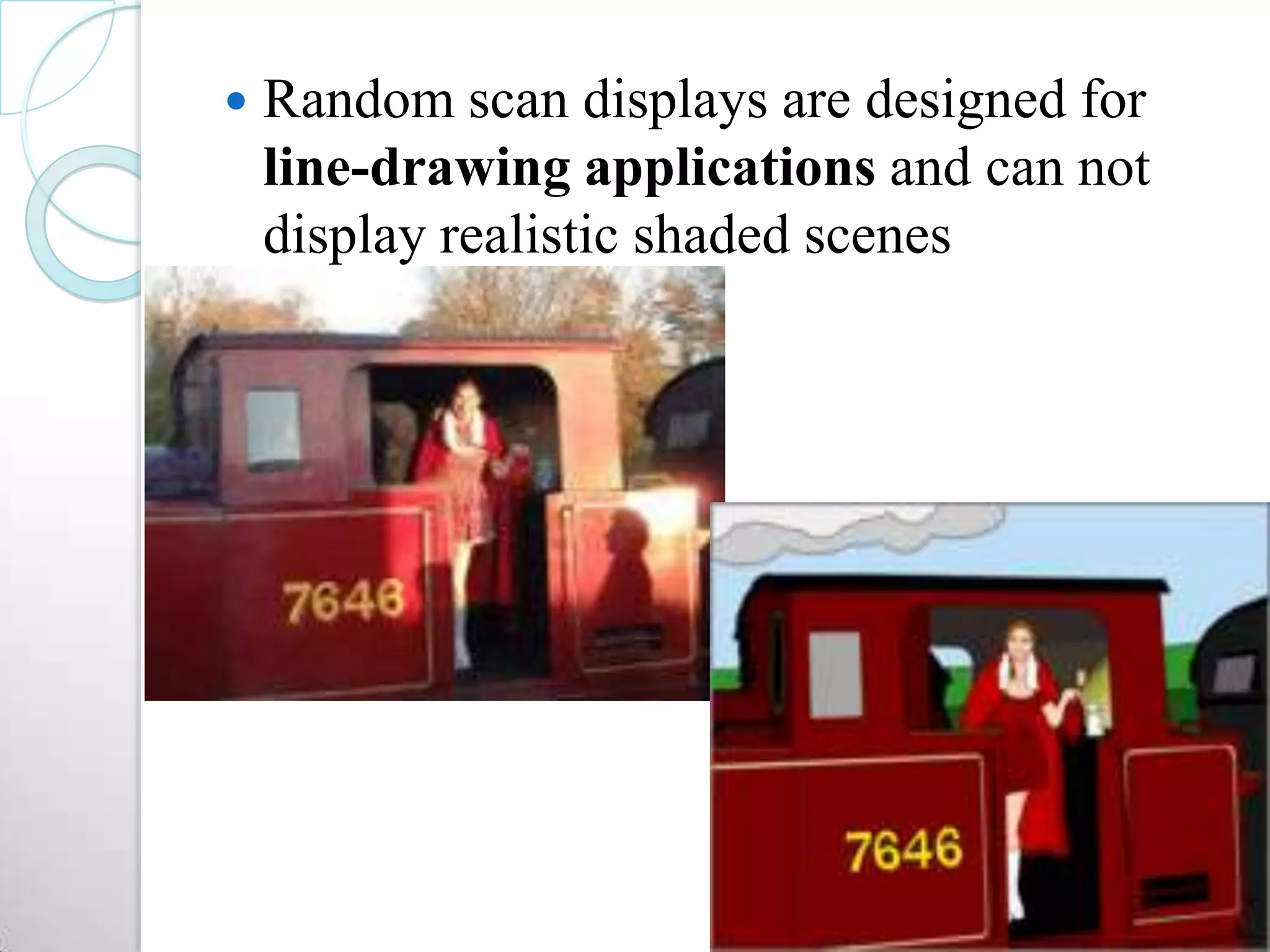  Random scan displays are designed for
line-drawing applications and can not
display realistic shaded scenes
 