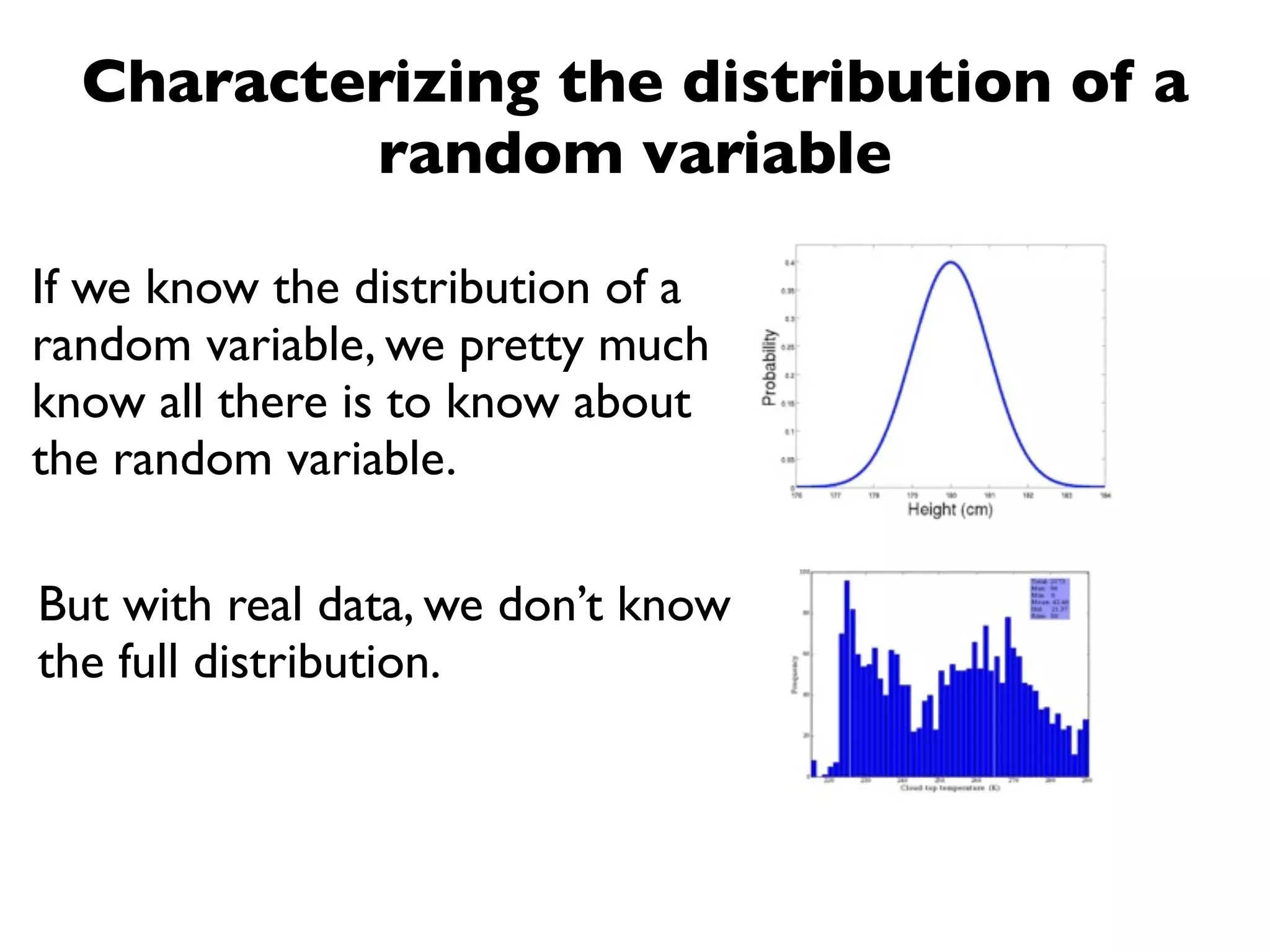 Characterizing the distribution of a
          random variable

If we know the distribution of a
random variable, we pretty much
know all there is to know about
the random variable.

But with real data, we don’t know
the full distribution.
 