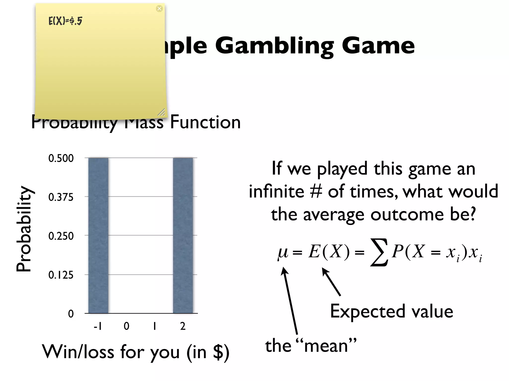 E(X)=$.5

                         A Simple Gambling Game


         Probability Mass Function
              0.500
                                             If we played this game an
                                          inﬁnite # of times, what would
Probability




              0.375
                                             the average outcome be?
              0.250
                                             µ = E(X) = ∑ P(X = x i )x i
              0.125


                  0                                Expected value
                         -1   0   1   2
                                 €         the “mean”
              Win/loss for you (in $)
 