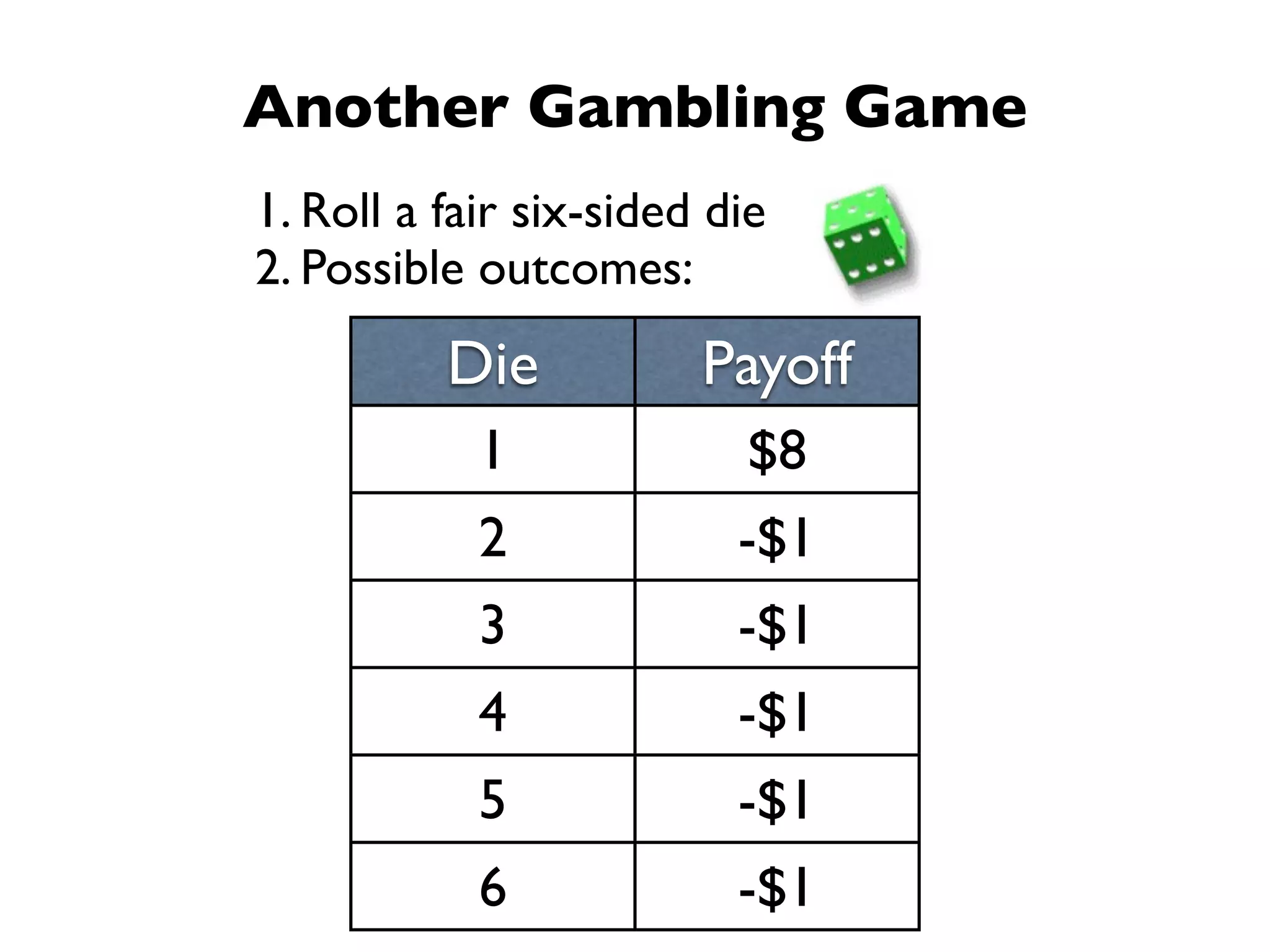 Another Gambling Game
1. Roll a fair six-sided die
2. Possible outcomes:
          Die           Payoff
            1             $8
            2             -$1
            3             -$1
            4             -$1
            5             -$1
            6             -$1
 