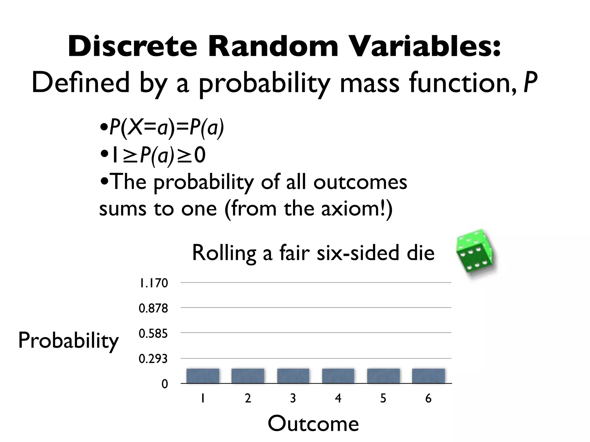 Discrete Random Variables:
 Deﬁned by a probability mass function, P
     •P(X=a)=P(a)
     •1≥P(a)≥0
     •The probability of all outcomes
        sums to one (from the axiom!)
                      Rolling a fair six-sided die
              1.170
              0.878
              0.585
Probability
              0.293
                 0
                      1     2    3    4    5    6

                                Outcome
 