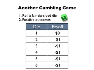 Another Gambling Game
1. Roll a fair six-sided die
2. Possible outcomes:
          Die           Payoff
            1             $8
            2             -$1
            3             -$1
            4             -$1
            5             -$1
            6             -$1
 