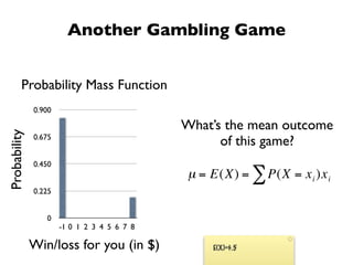 Another Gambling Game


         Probability Mass Function
              0.900

                                             What’s the mean outcome
Probability




              0.675
                                                   of this game?
              0.450
                                              µ = E(X) = ∑ P(X = x i )x i
              0.225


                 0
                      -1 0 1 2 3 4 5 6 7 8
                                €
              Win/loss for you (in $)             E(X)=$.5
 