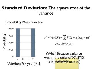 Standard Deviation: The square root of the
               variance
         Probability Mass Function
              0.500
Probability




              0.375
                                        σ 2 = Var(X) = ∑ P(X = x i )(x i − µ) 2
              0.250
                                                 σ = Var(X)
              0.125
                                   €      (Why? Because variance
                 0
                      -1   0   1   2    €was in the units of X2. STD
                                           is in the same unit X.)
                                                   ANS: 1.5 dollars
              Win/loss for you (in $)
 