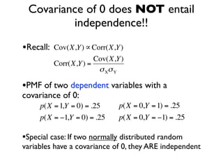 Covariance of 0 does NOT entail
                independence!!

    •Recall:   Cov(X,Y ) ∝ Corr(X,Y )
                            Cov(X,Y )
               Corr(X,Y ) =
                             σ Xσ Y

    •PMF of two dependent variables with a
    covariance of 0:
    €     p(X = 1,Y = 0) = .25     p(X = 0,Y = 1) = .25
          p(X = −1,Y = 0) = .25    p(X = 0,Y = −1) = .25

    •Special case: If two normally distributed random
    variables have a covariance of 0, they ARE independent
€                       €
 