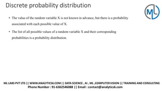 Discrete probability distribution
• The value of the random variable X is not known in advance, but there is a probability
associated with each possible value of X.
• The list of all possible values of a random variable X and their corresponding
probabilities is a probability distribution.
 