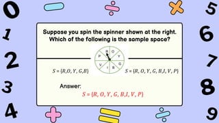 Suppose you spin the spinner shown at the right.
Which of the following is the sample space?
𝑆 = {𝑅,𝑂, 𝑌, 𝐺,𝐵}
Answer:
𝑆 = {𝑅, 𝑂, 𝑌, 𝐺, 𝐵,𝐼, 𝑉, 𝑃}
𝑆 = {𝑅, 𝑂, 𝑌, 𝐺, 𝐵,𝐼, 𝑉, 𝑃}
 