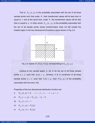 Principles of Communication Prof. V. Venkata Rao
Indian Institute of Technology Madras
2.20
That is, ( ), ,X YF x y is the probability associated with the set of all those
sample points such that under X , their transformed values will be less than or
equal to x and at the same time, under Y , the transformed values will be less
than or equal to y . In other words, ( ), 1 1,X YF x y is the probability associated with
the set of all sample points whose transformation does not fall outside the
shaded region in the two dimensional (Euclidean) space shown in Fig. 2.5.
Fig. 2.5: Space of ( ) ( ){ },X s Y s corresponding to ( ), 1 1,X YF x y
Looking at the sample space S , let A be the set of all those sample
points s ∈ S such that ( ) 1X s x≤ . Similarly, if B is comprised of all those
sample points s ∈ S such that ( ) 1Y s y≤ ; then ( )1 1,F x y is the probability
associated with the event AB .
Properties of the two dimensional distribution function are:
i) ( ), , 0 , ,X YF x y x y≥ − ∞ < < ∞ − ∞ < < ∞
ii) ( ) ( ), ,, , 0X Y X YF y F x− ∞ = − ∞ =
iii) ( ), , 1X YF ∞ ∞ =
iv) ( ) ( ), ,X Y YF y F y∞ =
v) ( ) ( ), ,X Y XF x F x∞ =
 