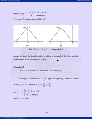 Principles of Communication Prof. V. Venkata Rao
Indian Institute of Technology Madras
2.31
Hence ( )
1 1 , 2 0
0 ,
Y
y y
f y
elsewhere
⎧ − + − ≤ ≤⎪
= ⎨
⎪⎩
( )XF x and ( )YF y are shown in Fig. 2.8.
Fig. 2.8: ( )XF x and ( )YF y of example 2.6
As can be seen, the transformation of adding a constant to the given variable
simply results in the translation of its PDF.
Example 2.7
Let Y b X= , where b is a constant. Let us find ( )Yf y .
Solving for X , we have
1
X Y
b
= . Again for a given y , there is a unique
x . As ( )'g x b= , we have ( )
1
Y X
y
f y f
b b
⎛ ⎞
= ⎜ ⎟
⎝ ⎠
.
Let ( )X
x
x
f x
otherwise
1 , 0 2
2
0 ,
⎧
− ≤ ≤⎪
= ⎨
⎪⎩
and 2b = − , then
 