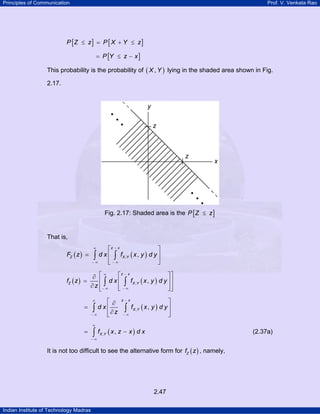 Principles of Communication Prof. V. Venkata Rao
Indian Institute of Technology Madras
2.47
[ ] [ ]P Z z P X Y z≤ = + ≤
[ ]P Y z x= ≤ −
This probability is the probability of ( ),X Y lying in the shaded area shown in Fig.
2.17.
Fig. 2.17: Shaded area is the [ ]P Z z≤
That is,
( ) ( ), ,
z x
Z X YF z d x f x y d y
−∞
− ∞ − ∞
⎡ ⎤
= ⎢ ⎥
⎢ ⎥⎣ ⎦
∫ ∫
( ) ( ), ,
z x
Z X Yf z d x f x y d y
z
−∞
− ∞ − ∞
⎡ ⎤⎡ ⎤∂
= ⎢ ⎥⎢ ⎥
∂ ⎢ ⎥⎢ ⎥⎣ ⎦⎣ ⎦
∫ ∫
( ), ,
z x
X Yd x f x y d y
z
−∞
− ∞ − ∞
⎡ ⎤∂
= ⎢ ⎥
∂⎢ ⎥⎣ ⎦
∫ ∫
( ), ,X Yf x z x d x
∞
− ∞
= −∫ (2.37a)
It is not too difficult to see the alternative form for ( )Zf z , namely,
 