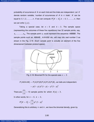 Principles of Communication Prof. V. Venkata Rao
Indian Institute of Technology Madras
2.60
probability of occurrence of A on each trial and the trials are independent. Let X
denote random variable, ‘number of occurrences of A in n trials'. X can be
equal to 0, 1, 2, ........., n . If we can compute [ ], 0, 1, .........,P X k k n= = , then
we can write ( )Xf x .
Taking a special case, let 5n = and 3k = . The sample space
(representing the outcomes of these five repetitions) has 32 sample points, say,
1 32, ...........,s s . The sample point 1s could represent the sequence ABBBB . The
sample points such as ABAAB , A A ABB etc. will map into real number 3 as
shown in the Fig. 2.18. (Each sample point is actually an element of the five
dimensional Cartesian product space).
Fig. 2.18: Binomial RV for the special case 5n =
( ) ( ) ( ) ( ) ( ) ( )P AB A AB P A P B P A P A P B= , as trails are independent.
( ) ( ) ( )
22 3
1 1 1p p p p p p= − − = −
There are ( )
5
10 sample points for which 3
3
X s
⎛ ⎞
= =⎜ ⎟
⎝ ⎠
.
In other words, for 5n = , 3k = ,
[ ] ( )
235
3 1
3
P X p p
⎛ ⎞
= = −⎜ ⎟
⎝ ⎠
Generalizing this to arbitrary n and k , we have the binomial density, given by
 