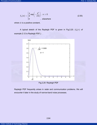 Principles of Communication Prof. V. Venkata Rao
Indian Institute of Technology Madras
2.64
( )
2
exp , 0
2
0 ,
X
x x
x
f x b b
elsewhere
⎧ ⎛ ⎞
− ≥⎪ ⎜ ⎟
= ⎨ ⎝ ⎠
⎪
⎩
(2.55)
where b is a positive constant,
A typical sketch of the Rayleigh PDF is given in Fig.2.20. ( ( )Rf r of
example 2.12 is Rayleigh PDF.)
Fig.2.20: Rayleigh PDF
Rayleigh PDF frequently arises in radar and communication problems. We will
encounter it later in the study of narrow-band noise processes.
 