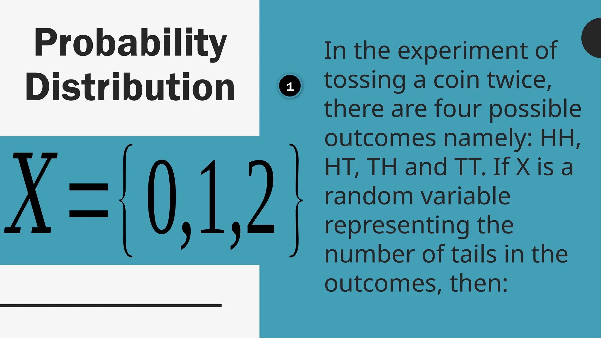 Probability
Distribution
In the experiment of
tossing a coin twice,
there are four possible
outcomes namely: HH,
HT, TH and TT. If X is a
random variable
representing the
number of tails in the
outcomes, then:
1
𝑋={0,1,2}
 