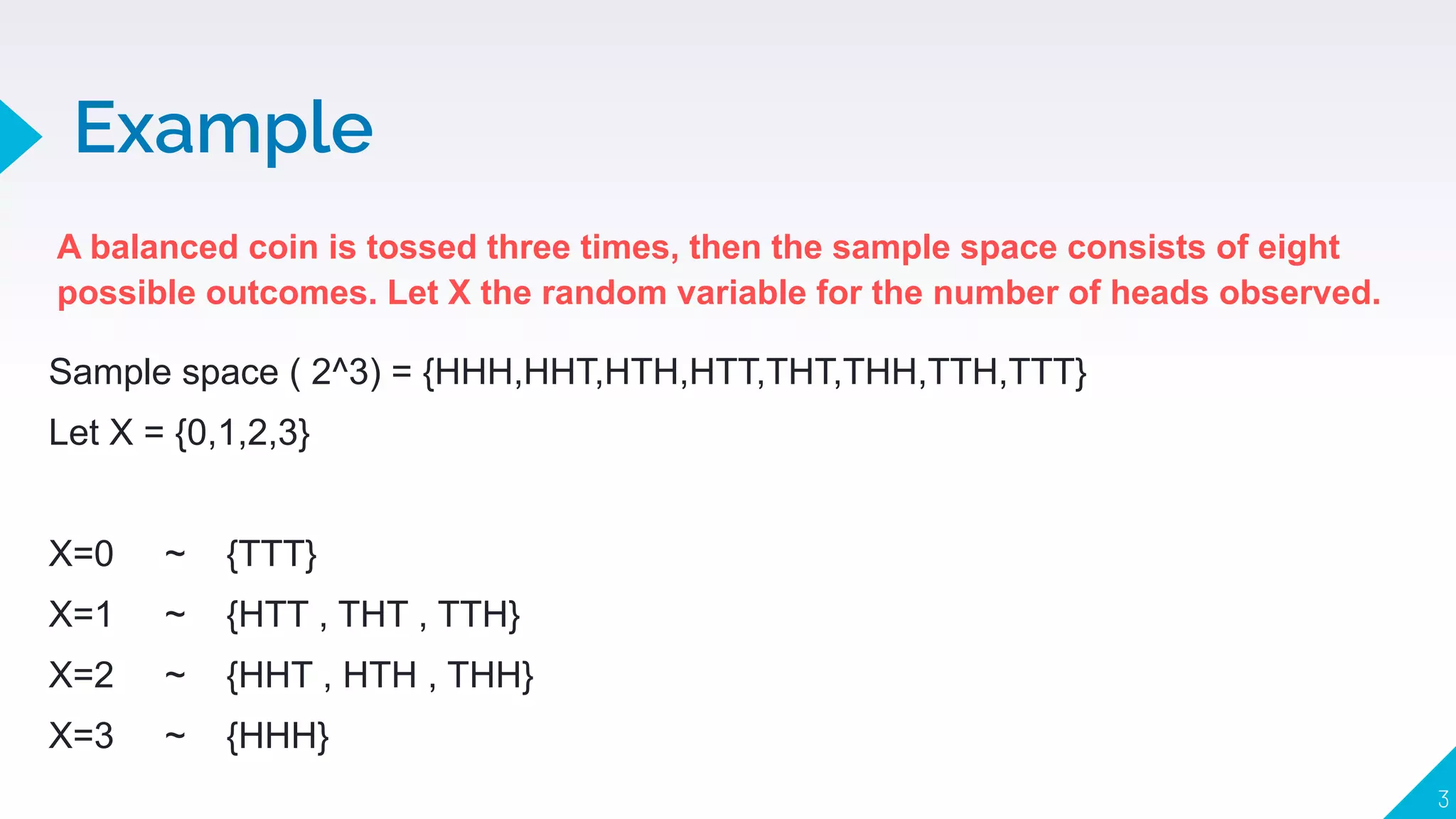Example
A balanced coin is tossed three times, then the sample space consists of eight
possible outcomes. Let X the random variable for the number of heads observed.
3
Sample space ( 2^3) = {HHH,HHT,HTH,HTT,THT,THH,TTH,TTT}
Let X = {0,1,2,3}
X=0 ~ {TTT}
X=1 ~ {HTT , THT , TTH}
X=2 ~ {HHT , HTH , THH}
X=3 ~ {HHH}
 