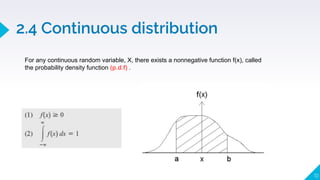 2.4 Continuous distribution
10
For any continuous random variable, X, there exists a nonnegative function f(x), called
the probability density function (p.d.f) .
 