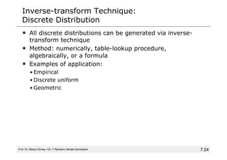 7.24
Inverse-transform Technique:
Discrete Distribution
• All discrete distributions can be generated via inverse-
transform technique
• Method: numerically, table-lookup procedure,
algebraically, or a formula
• Examples of application:
• Empirical
• Discrete uniform
• Geometric
Prof. Dr. Mesut Güneş ▪ Ch. 7 Random-Variate Generation
 