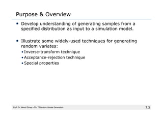7.3
Purpose & Overview
• Develop understanding of generating samples from a
specified distribution as input to a simulation model.
• Illustrate some widely-used techniques for generating
random variates:
• Inverse-transform technique
• Acceptance-rejection technique
• Special properties
Prof. Dr. Mesut Güneş ▪ Ch. 7 Random-Variate Generation
 