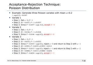 7.32
Acceptance-Rejection Technique:
Poisson Distribution
• Example: Generate three Poisson variates with mean α=0.2
• exp(-0.2) = 0.8187
• Variate 1
• Step 1: Set n = 0, P = 1
• Step 2: R1 = 0.4357, P = 1 x 0.4357
• Step 3: Since P = 0.4357 < exp(- 0.2), accept N = 0
• Variate 2
• Step 1: Set n = 0, P = 1
• Step 2: R1 = 0.4146, P = 1 x 0.4146
• Step 3: Since P = 0.4146 < exp(-0.2), accept N = 0
• Variate 3
• Step 1: Set n = 0, P = 1
• Step 2: R1 = 0.8353, P = 1 x 0.8353
• Step 3: Since P = 0.8353 > exp(-0.2), reject n = 0 and return to Step 2 with n = 1
• Step 2: R2 = 0.9952, P = 0.8353 x 0.9952 = 0.8313
• Step 3: Since P = 0.8313 > exp(-0.2), reject n = 1 and return to Step 2 with n = 2
• Step 2: R3 = 0.8004, P = 0.8313 x 0.8004 = 0.6654
• Step 3: Since P = 0.6654 < exp(-0.2), accept N = 2
Prof. Dr. Mesut Güneş ▪ Ch. 7 Random-Variate Generation
 