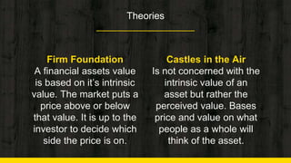 Firm Foundation
A financial assets value
is based on it’s intrinsic
value. The market puts a
price above or below
that value. It is up to the
investor to decide which
side the price is on.
Theories
Castles in the Air
Is not concerned with the
intrinsic value of an
asset but rather the
perceived value. Bases
price and value on what
people as a whole will
think of the asset.
 
