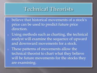 o believe that historical movements of a stock's
price can be used to predict future price
direction.
o Using methods such as charting, the technical
analyst will examine the sequence of upward
and downward movements for a stock.
o These patterns of movements allow the
technical theorist to chart what they believe
will be future movements for the stocks they
are examining.
 