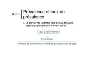 Prévalence et taux de
prévalence
La prévalence : nombre total de cas dans une
population précise à un moment donné
Taux de prévalence
Prévalence
Nombre de personnes vulnérables pendant cette période
 