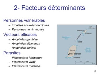 2- Facteurs déterminants
Personnes vulnérables
  – Troubles socio-économiques
  – Personnes non immunes
Vecteurs efficaces
  – Anopheles gambiae
  – Anopheles albimanus
  – Anopheles darlingi
Parasites
  – Plasmodium falciparum
  – Plasmodium vivax
  – Plasmodium malariae
                                 3
 