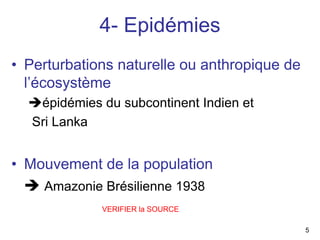 4- Epidémies
• Perturbations naturelle ou anthropique de
  l’écosystème
    épidémies du subcontinent Indien et
   Sri Lanka


• Mouvement de la population
     Amazonie Brésilienne 1938
              VERIFIER la SOURCE

                                              5
 