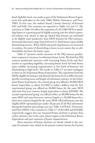 62  Resources Required to Meet the U.S. Army’s Enlisted Recruiting Requirements
fixed eligibility level, was made as part of the Enlistment Bonus Experi-
ment that took place in the early 1980s (Polich, Dertouzos, and Press,
1986). In this case, the authors found a bonus elasticity of between
0.07 and 0.08. Our estimates are reported in Tables 4.6 and 4.7. The
estimates in Table 4.6 reflect the expansion of a $12,000 MOS or quick-
ship bonus to a growing pool of eligible training seats for which a poten-
tial enlistee may choose to sign up. Quick-ship bonuses are estimated
to be slightly more productive than MOS bonuses for HQ contracts.
Estimated elasticities range from 0.02 to 0.11. Both bonus types exhibit
diminishing returns. When MOS and quick-ship bonuses are increased
in tandem, the point of diminishing returns occurs sooner due to sub-
stitutability between the bonus types.
Table 4.7 presents similar measures of the HQ contract produc-
tion’s response to increases in enlistment bonus levels. We find that HQ
contract production increases with increasing bonus levels and that,
similar to expanding eligibility, increasing bonus levels for both bonus
types exhibits increasing responsiveness at low levels of bonuses, but
diminishing at high levels. The results in Table 4.7 are most analogous
to those in the Enlistment Bonus Experiment. The experiment fixed the
MOSs eligible for bonuses and allowed the bonus level to differ between
specific recruiting areas and length of enlistment contract. In the Enlist-
ment Bonus Experiment, the control group was offered a $5,000 MOS
bonus (equivalent to about $12,000 in today’s dollars) and the first
experimental group was offered an $8,000 bonus for the same MOS
and same four-year contract length (equivalent to about $20,000). The
second experimental group was offered either an $8,000 bonus for the
same MOS and same four-year contract length or a $4,000 bonus for a
three-year contract length for the same MOS. HQ enlistments into the
eligible MOS represented just under 30 percent of all HQ enlistments
during the baseline (preceding) year (see Table 3 of Polich, Dertouzos,
and Press [1986]). Our estimates in Table 4.7 of $12,000 and $20,000,
respectively, suggest that our measured bonus elasticity is greater than
earlier estimates, but in the same relative region as the Enlistment Bonus
Experiment and past measures of bonus responsiveness.
These measures of bonus elasticity are closely related to the con-
cept of economic rent, which in the present context means the fraction
 