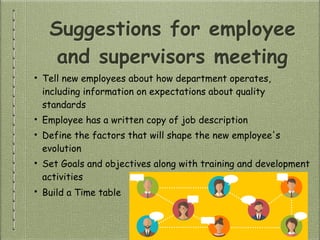 Suggestions for employee
and supervisors meeting
• Tell new employees about how department operates,
including information on expectations about quality
standards
• Employee has a written copy of job description
• Define the factors that will shape the new employee's
evolution
• Set Goals and objectives along with training and development
activities
• Build a Time table
 