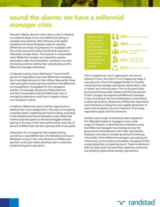 Dramatic? Maybe. But the truth is that a crisis is unfolding
as companies begin to see more Millennials taking on
manager-level positions. Why? Because as the global
Randstad and Future Workplace research indicates,
Millennials are simply not prepared, nor equipped, with
the emotional quotient (EQ) and soft skills required to
effectively manage others. The situation is compounded
when Millennial managers are required to oversee
generations older than themselves, resulting in turnover
among key positions held by their subordinates and the
Millennial managers themselves.
A separate study by Future Workplace19
found that 83
percent of respondents have seen Millennials managing
Gen X and Baby Boomers in their offices. Meanwhile, these
older generations hold a general sentiment that Millennials
are unqualified or ill-equipped for the managerial
position. For example, 45 percent of Baby Boomers
and Gen X respondents feel that Millennials’ lack of
managerial experience could have a negative impact
on a company’s culture.
In addition, Millennials haven’t had the opportunity to
develop their much-needed skills in the areas of navigating
corporate politics, leadership and team-building. According
to the Randstad and Future Workplace study, Millennials
named corporate politics as the second biggest obstacle
getting in the way of their work performance. And only 27
percent of Millennials rate their personal skills as very good.
Preparation for a managerial role is largely lacking,
according to many Millennials in the Randstad and Future
Workplace survey. In fact, only 28 percent of Millennials
say their current job relates extremely well to what they
studied during their educations.
sound the alarms: we have a millennial
manager crisis
22% working in a team
When it comes
to the aspects
of their current
jobs that their
educations did not
prepare Millennials
for, many are
interpersonal or
management-
related:
29% resolving conflicts
28% negotiating
27%
managing other
people
22%
working with
older people
If this is happening in your organization, the time to
address it is now. And even if it isn’t happening today, it
may very soon. One of the biggest threats to a healthy
and productive manager-subordinate relationship is lack
of respect and communication. This can be particularly
pronounced among older workers and their perceptions
of their younger, less experienced Millennial managers.
In fact, according to the Future Workplace survey polling
multiple generations, 44 percent of Millennial respondents
view themselves as being the most capable generation to
lead in the workplace, but only 14 percent of all survey
respondents agree with this sentiment.
Another recent study conducted by talent assessment
firm XBInsight looked at managers across a wide
range of industries. It identified five competency areas
that Millennial managers must develop to close the
generational divide between their older subordinates.
Employers will need to consider growing the following
critical skills of their Millennial managers: persuading and
influencing; communicating articulately; managing conflict;
navigating politics; and gaining buy-in. These fundamental
skills can help build trust and foster respectful, productive
and satisfying relationships between generations.
 