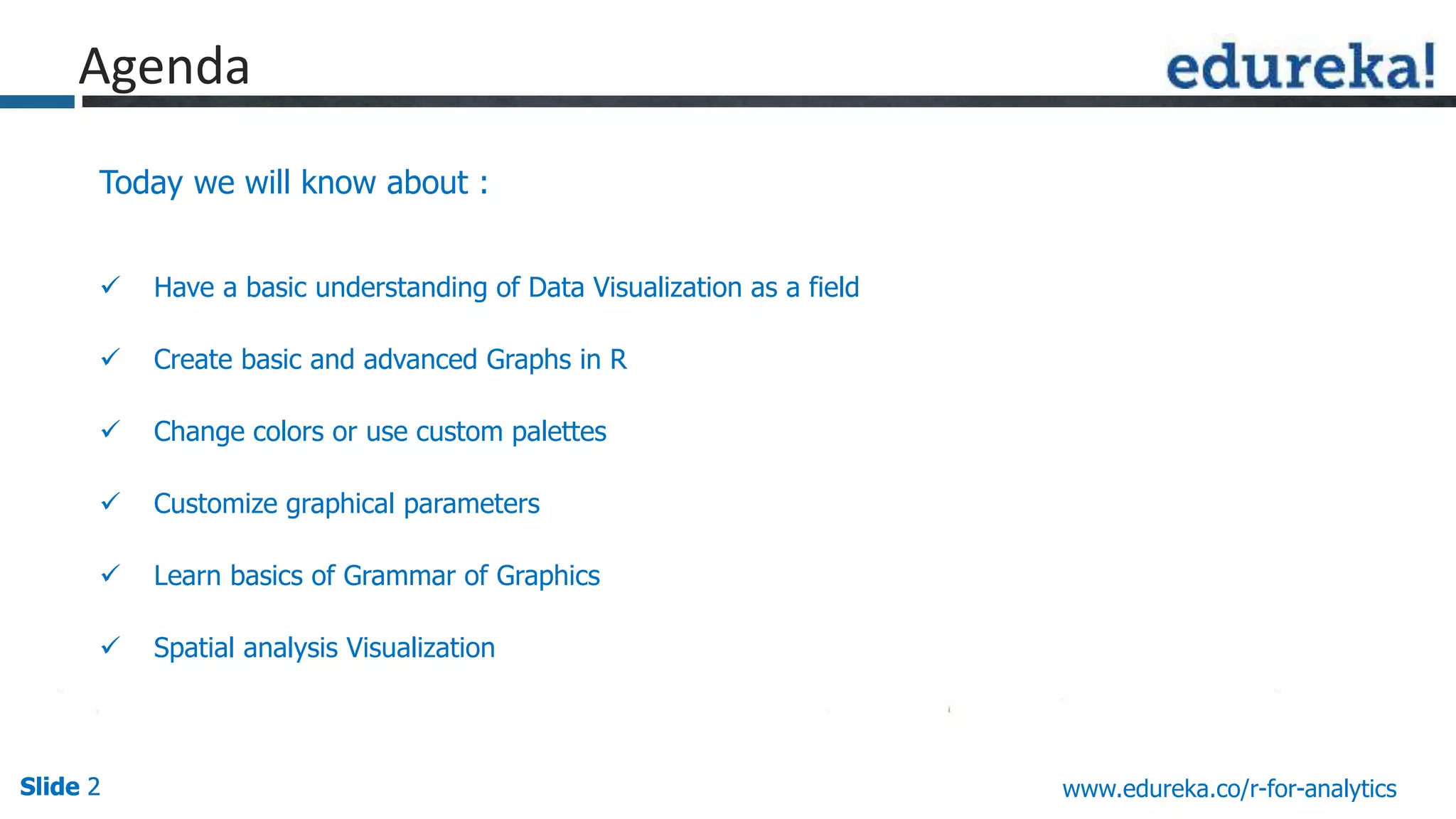 Slide 2Slide 2Slide 2 www.edureka.co/r-for-analytics
Today we will know about :
 Have a basic understanding of Data Visualization as a field
 Create basic and advanced Graphs in R
 Change colors or use custom palettes
 Customize graphical parameters
 Learn basics of Grammar of Graphics
 Spatial analysis Visualization
Agenda
 