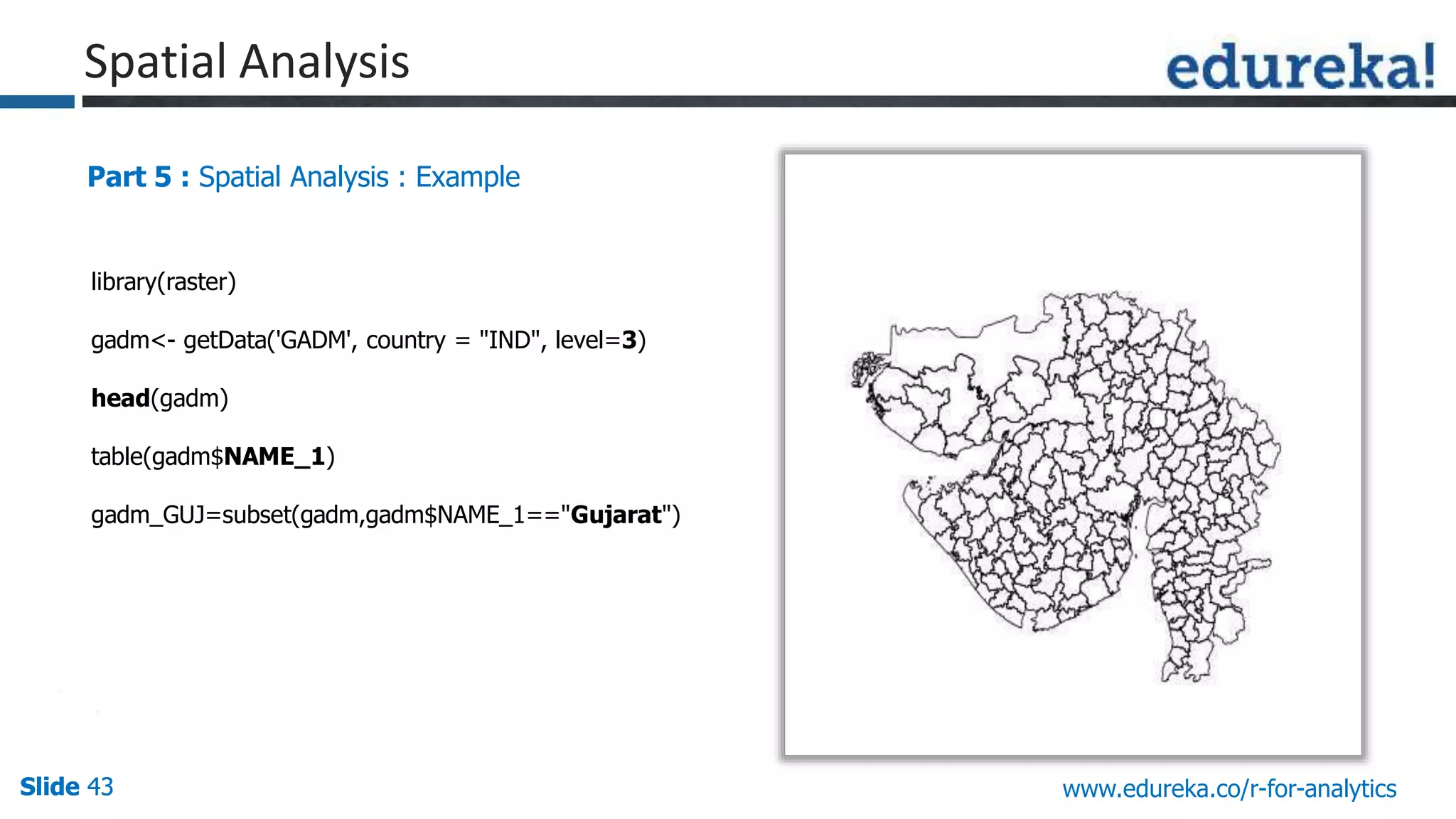 Slide 43Slide 43Slide 43 www.edureka.co/r-for-analytics
Part 5 : Spatial Analysis : Example
library(raster)
gadm<- getData('GADM', country = "IND", level=3)
head(gadm)
table(gadm$NAME_1)
gadm_GUJ=subset(gadm,gadm$NAME_1=="Gujarat")
Spatial Analysis
 