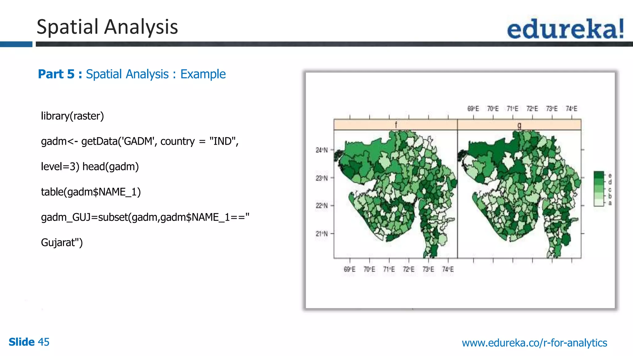 Slide 45Slide 45Slide 45 www.edureka.co/r-for-analytics
Part 5 : Spatial Analysis : Example
library(raster)
gadm<- getData('GADM', country = "IND",
level=3) head(gadm)
table(gadm$NAME_1)
gadm_GUJ=subset(gadm,gadm$NAME_1=="
Gujarat")
Spatial Analysis
 