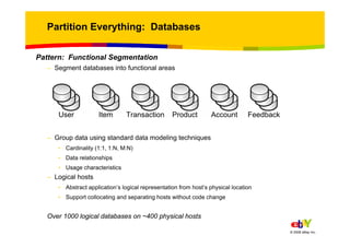 Partition Everything: Databases

Pattern: Functional Segmentation
  – Segment databases into functional areas




  – Grou...