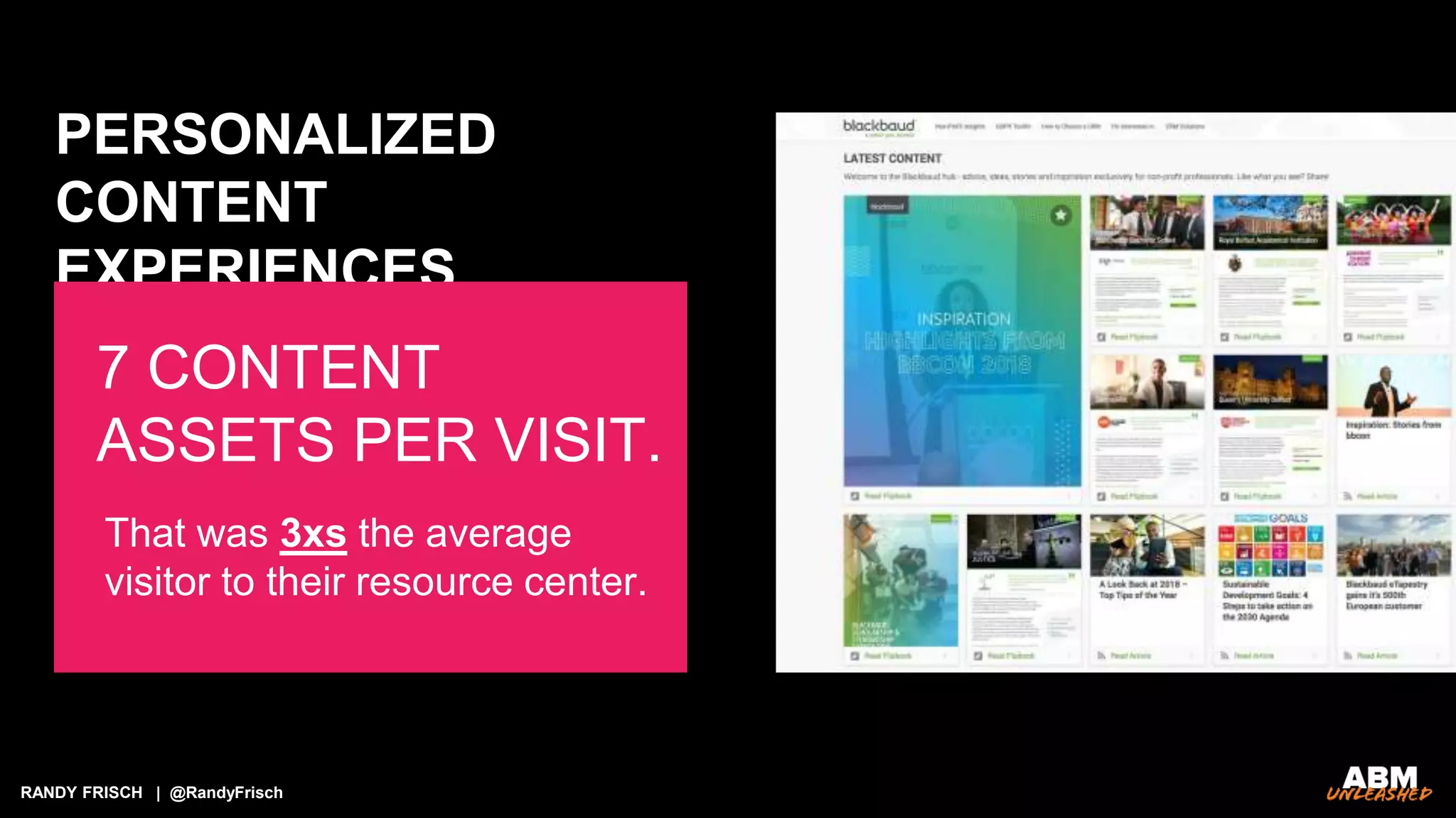 RANDY FRISCH | @RandyFrisch
PERSONALIZED
CONTENT
EXPERIENCES
7 CONTENT
ASSETS PER VISIT.
That was 3xs the average
visitor to their resource center.
 
