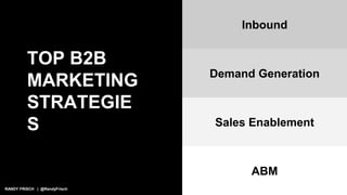 RANDY FRISCH | @RandyFrisch
TOP B2B
MARKETING
STRATEGIE
S
Demand Generation
ABM
Sales Enablement
Inbound
 